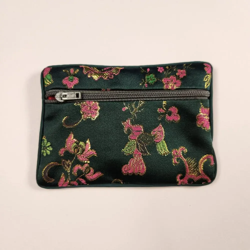 Asian Brocade Silk Coin Purse - Green Floral Zipper Pouch with Red Satin Lining